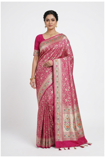 Violet Red Banarasi Pure Silk Wedding Saree