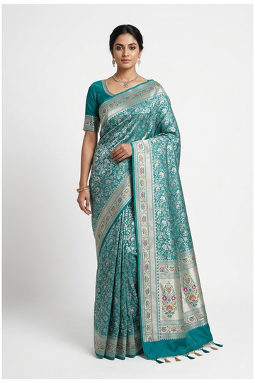 Teal Banarasi Pure Silk Wedding Saree