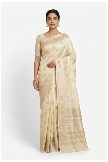 Creamy Yellow Banarasi Silk Saree With Weaving