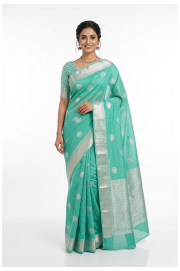 Aqua Green Banarasi Silk Saree With Weaving