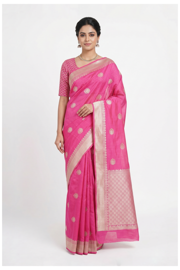 Rani Pink Banarasi Silk Saree With Weaving
