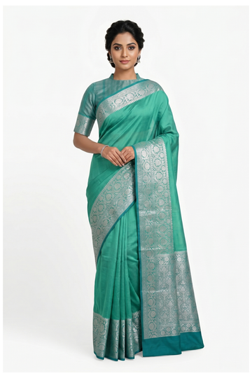 Aqua Green Banarasi Silk Saree With Weaving