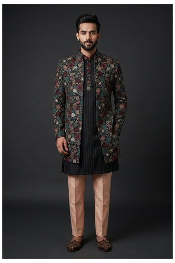 Men'S Printed Kurta Set With Long Koti