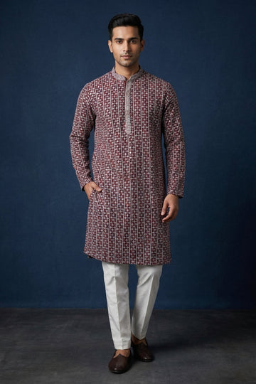 Royal Wine Printed Men'S Kurta