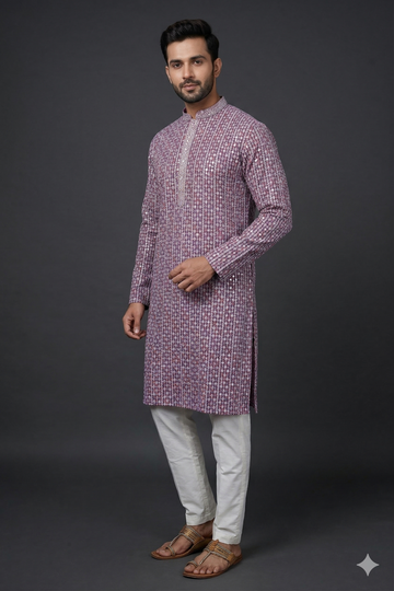Classic Mauve Ethnic Printed Men'S Kurta