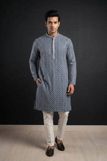 Elegant Steel Blue Printed Men'S Kurta