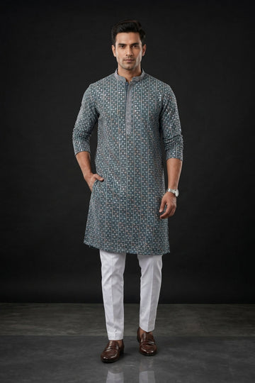 Steel Grey Printed Festive Men’S Kurta