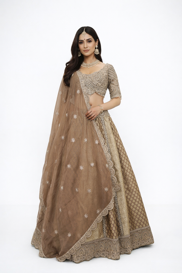 LIGHT COFFEE-WOOD GREY LEHENGA CHOLI