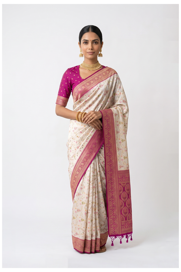 Ivory South Silk Tissue Art Silk Saree For Wedding & Party Wear