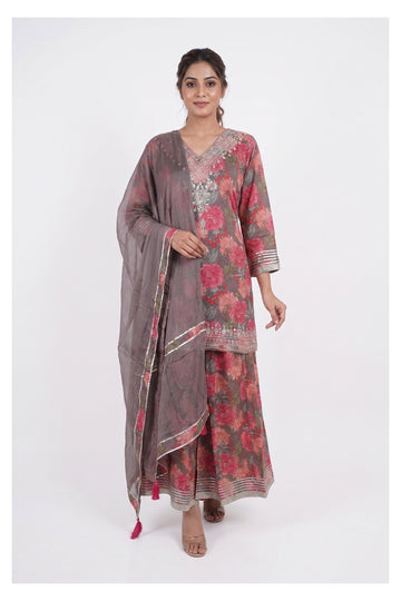 Grey Floral Printed Sharara Set With Organza Dupatta