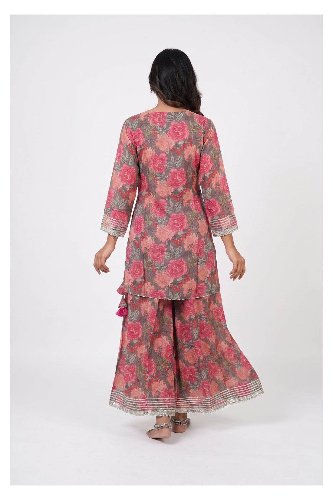 Grey Floral Printed Sharara Set With Organza Dupatta