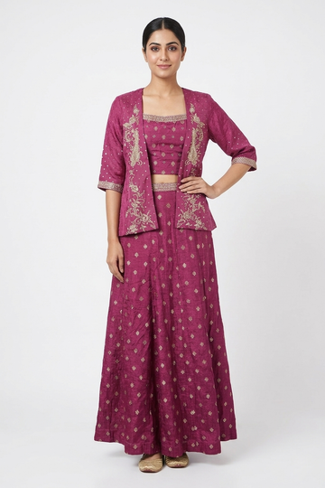 Pink Embroidered Co-Ord Set with Crop Top, Flared Skirt & Jacket