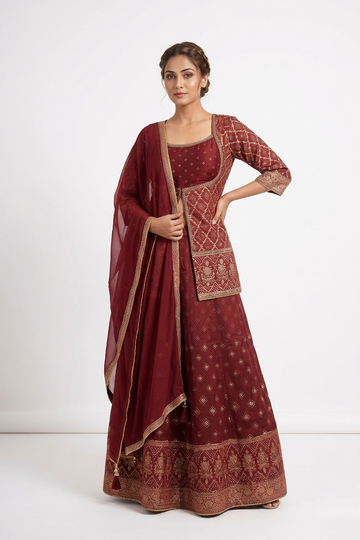 Royal Maroon Banarasi Lehenga Set With Jacket & Dupatta