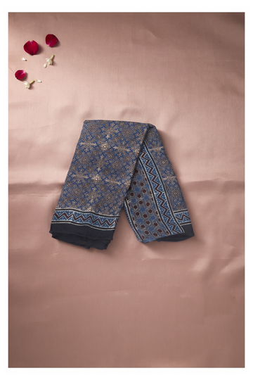 Slate Blue Ajrakh Art Silk Wedding Party Wear Saree