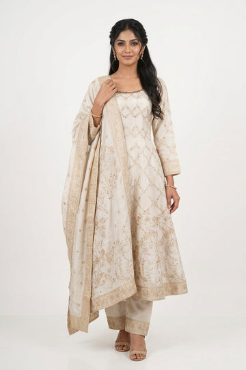 Ivory Gold Embroidered Anarkali Kurta Set With Designer Dupatta