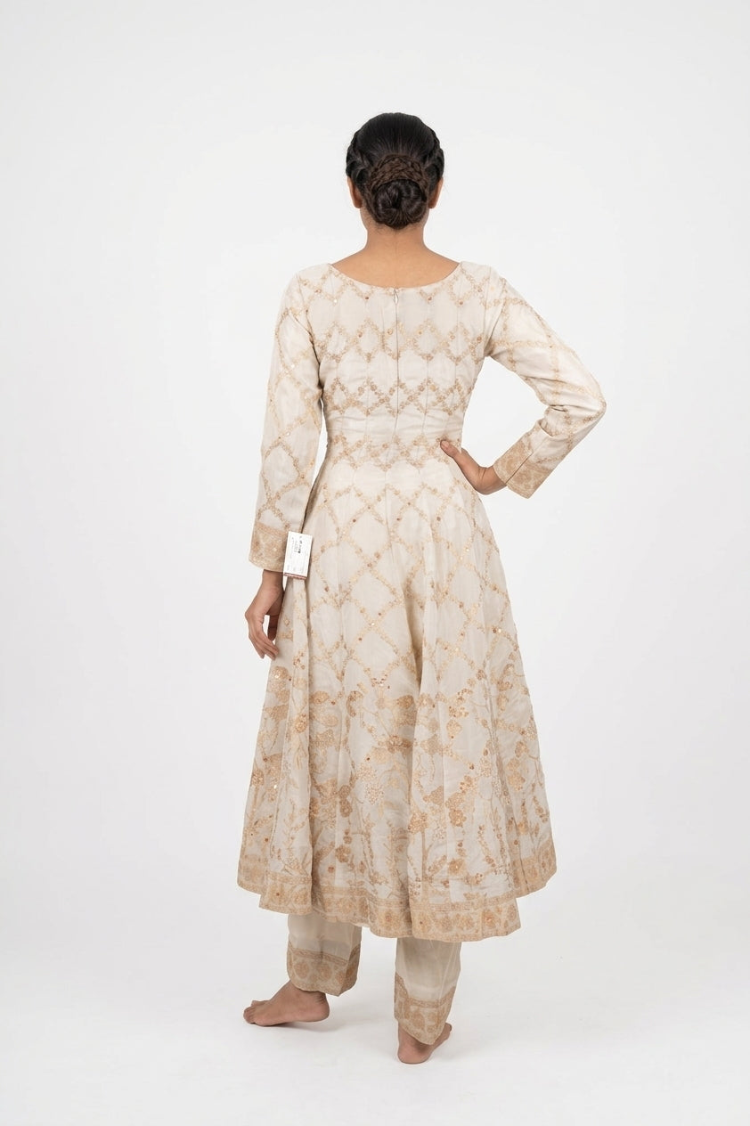 Ivory Gold Embroidered Anarkali Kurta Set With Designer Dupatta