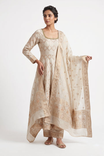 Ivory Gold Woven Anarkali Gown Set