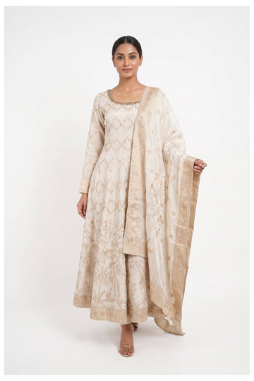 Ivory Gold Banarasi Anarkali Palazzo Set With Dupatta