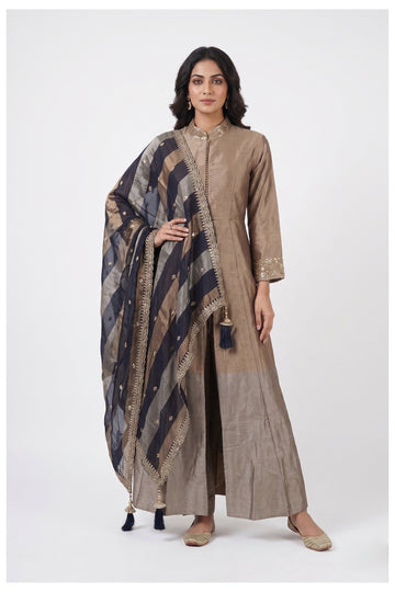 Taupe Silk Anarkali Palazzo Set With Navy Designer Dupatta