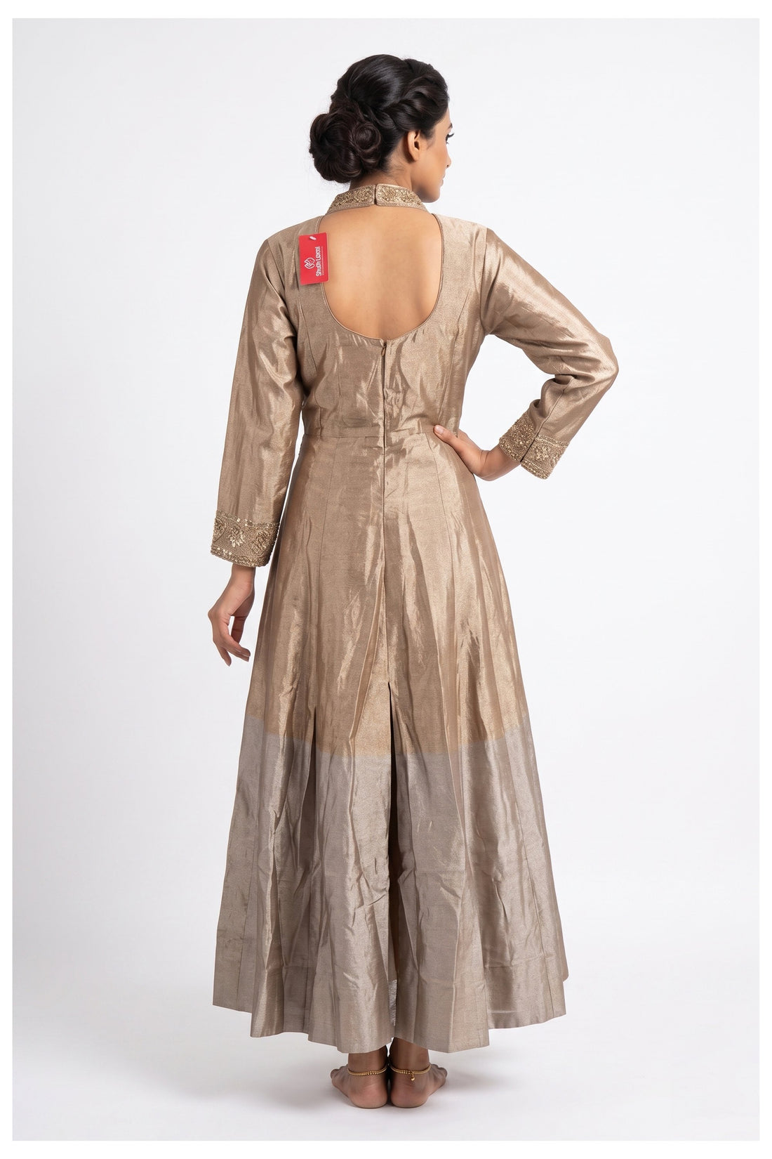 Taupe Silk Anarkali Palazzo Set With Navy Designer Dupatta