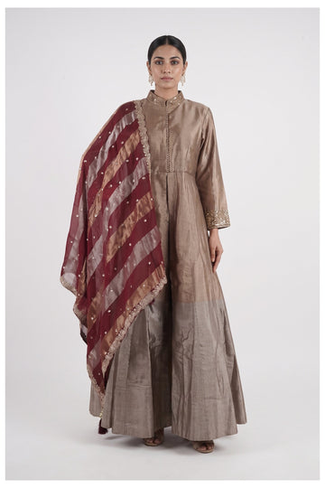 Taupe Silk Anarkali Palazzo Set With Designer Dupatta