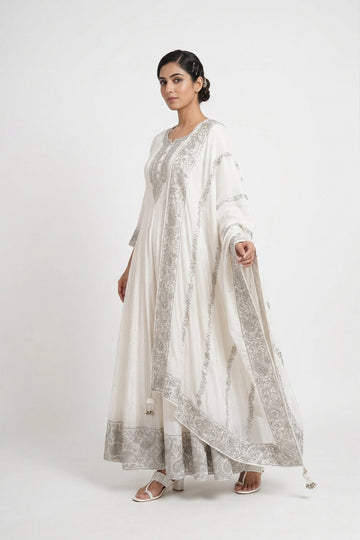 Ivory White Chikankari Embroidered Anarkali With Dupatta