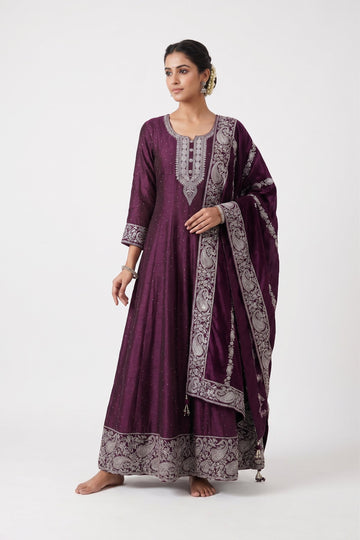 Royal Wine Embroidered Anarkali Gown Set