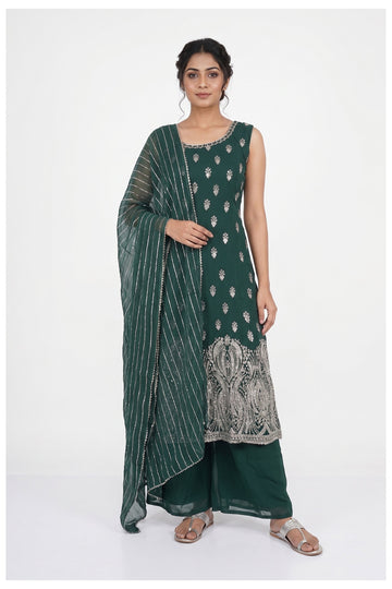 Emerald Green Embroidered Kurta Palazzo Set With Dupatta