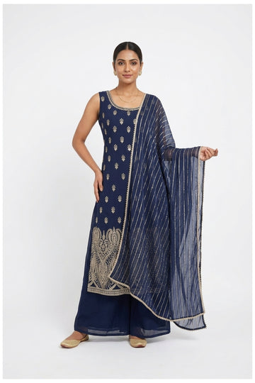 Navy Blue Embroidered Palazzo Set With Dupatta
