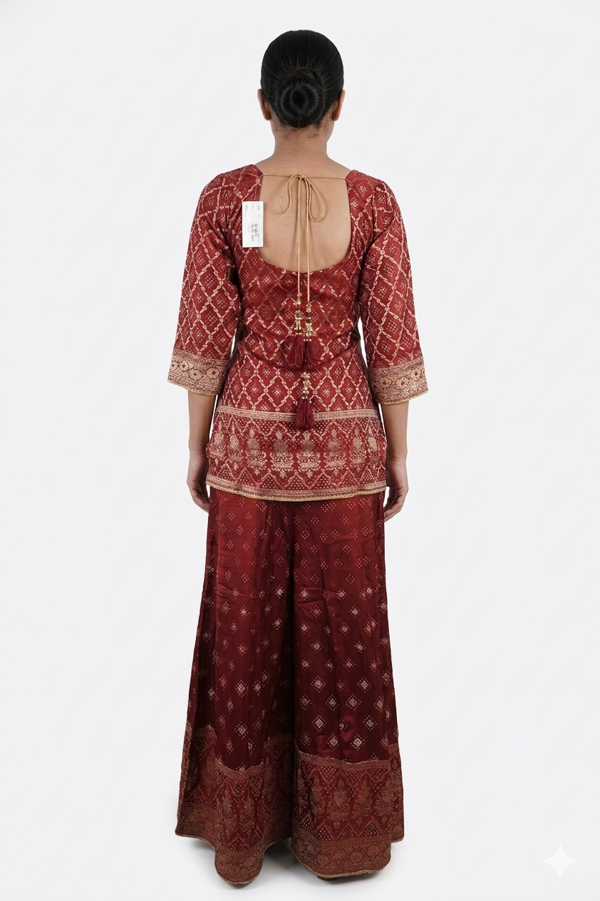 Royal Maroon Lehenga Set With Embroidered Blouse & Organza Dupatta