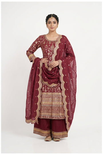 Wine Embroidered Kurta Palazzo Set With Dupatta