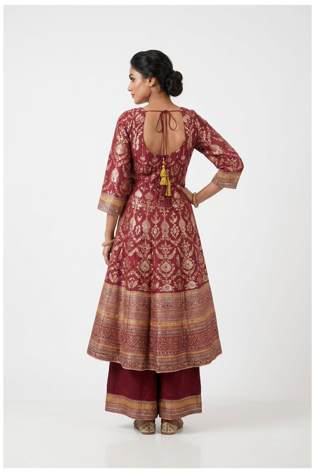 Wine Embroidered Kurta Palazzo Set With Dupatta