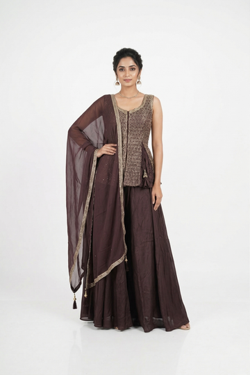 Deep Wine Embroidered Blouse With Flared Skirt & Dupatta Set