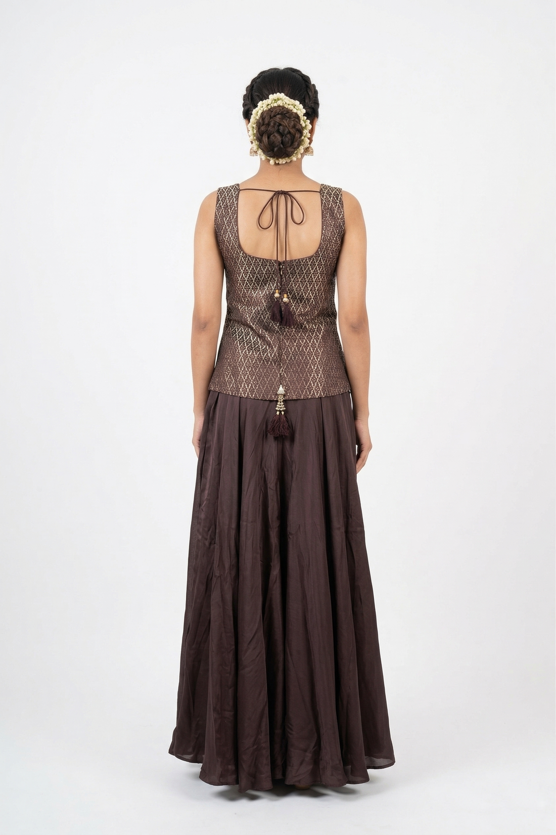 Deep Wine Embroidered Blouse With Flared Skirt & Dupatta Set