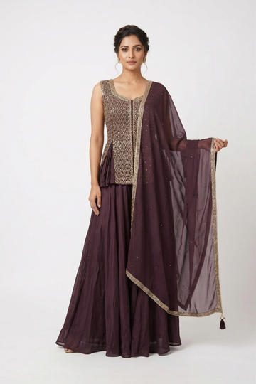 Wine Georgette Anarkali Set With Embellished Dupatta
