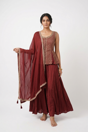 Rich Maroon Silk Sharara Set With Embroidered Peplum Top & Dupatta