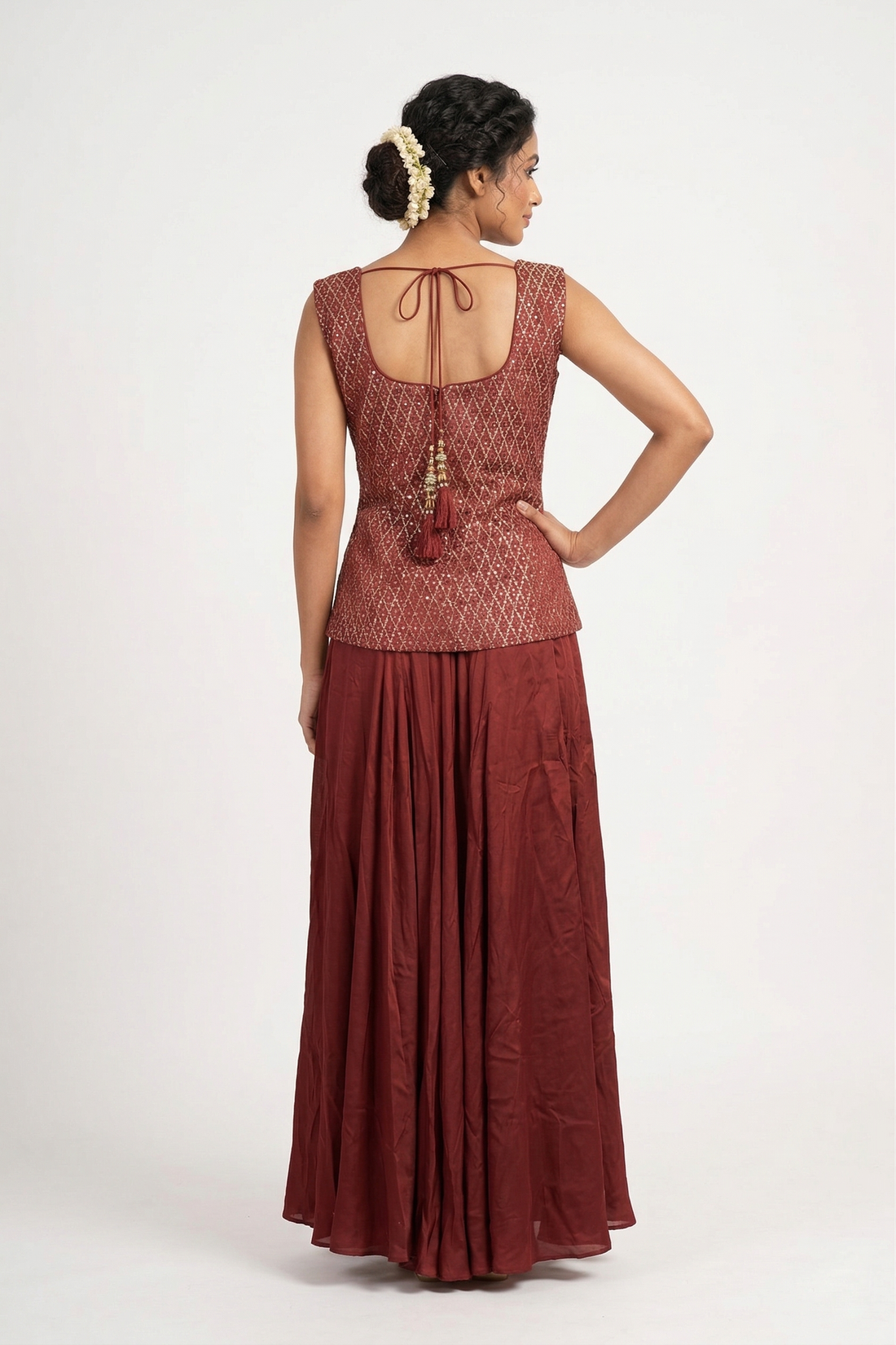 Rich Maroon Silk Sharara Set With Embroidered Peplum Top & Dupatta