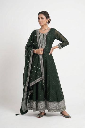 Elegant Bottle Green Embroidered Anarkali Set With Dupatta