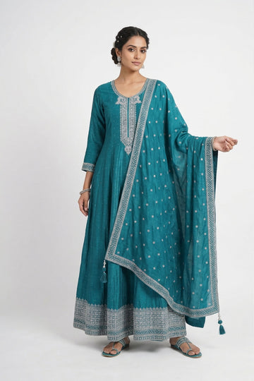Graceful Teal Green Embroidered Anarkali Suit With Dupatta