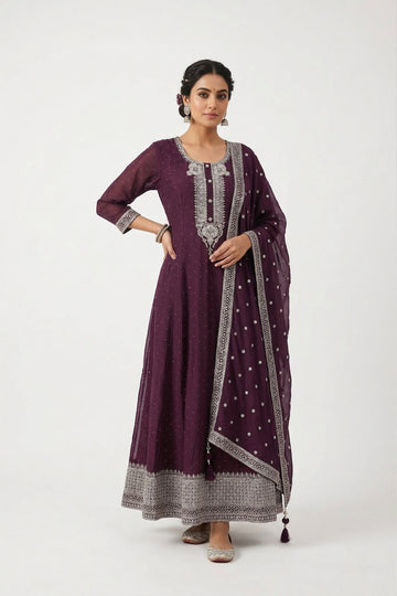 Elegant Wine Purple Embroidered Anarkali Suit With Dupatta
