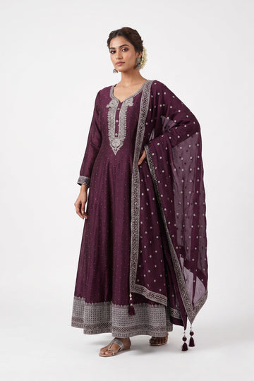 Majestic Plum Embroidered Anarkali Gown Set