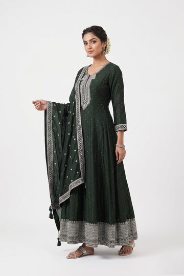 Emerald Elegance Embroidered Anarkali Gown Set