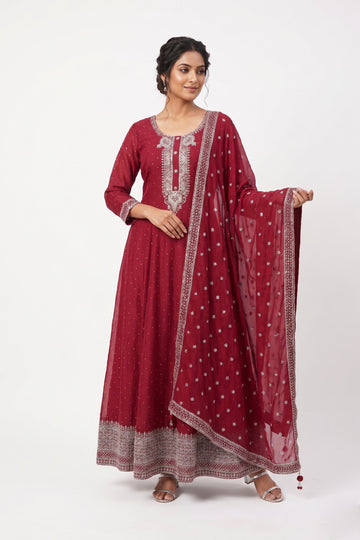 Ruby Radiance Embroidered Anarkali Gown Set