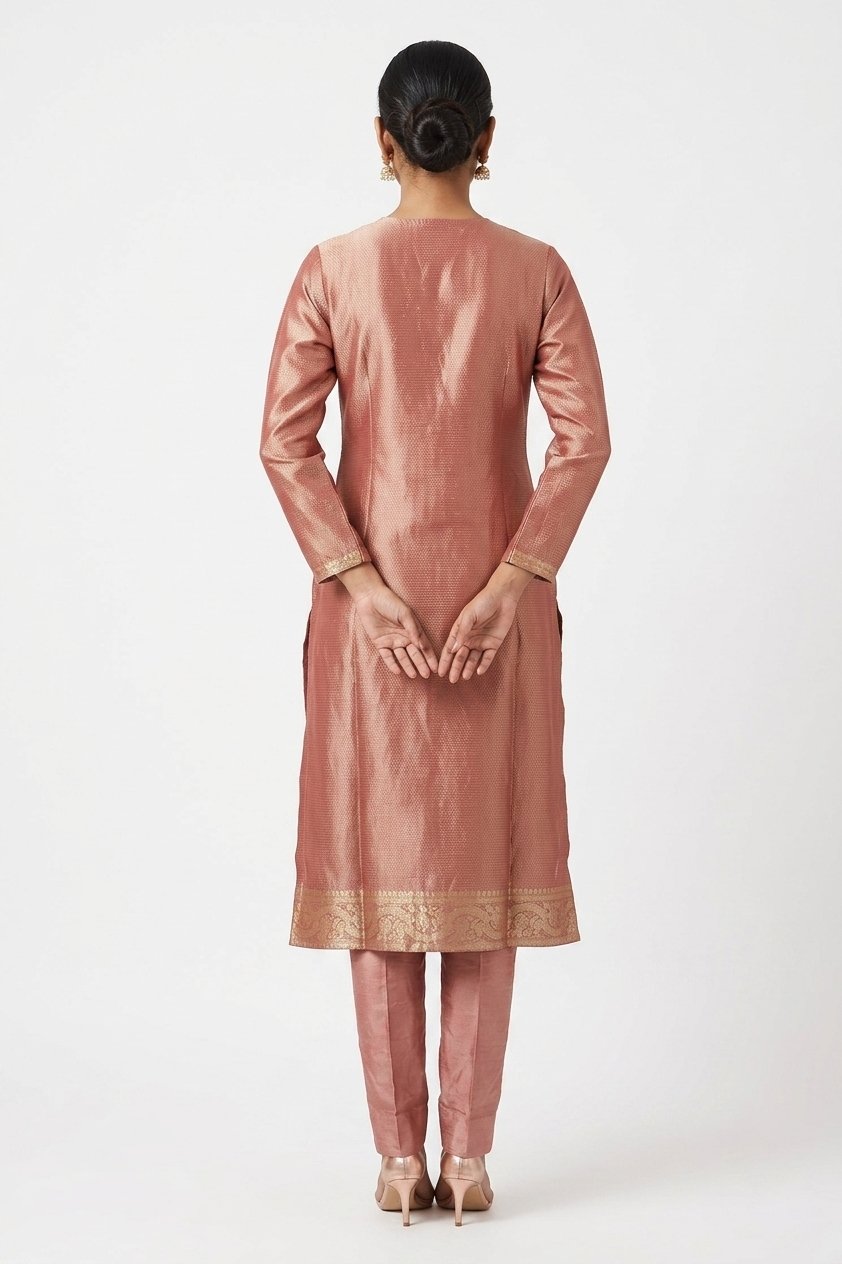 Rose Gold Banarasi Silk Designer Kurta Pant Set With Dupatta