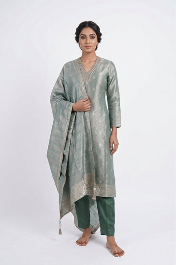 Elegant Sage Green Woven Kurta Set With Dupatta
