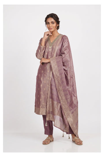 Mauve Zari Woven Festive Kurta Set With Dupatta