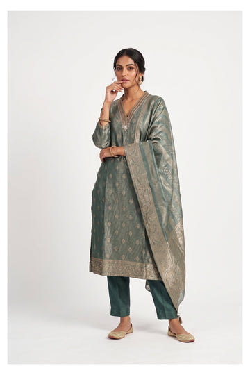 Sage Green Zari Woven Festive Kurta Set With Dupatta