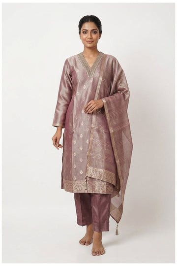 Dusty Mauve Woven Kurta Pant Set With Dupatta