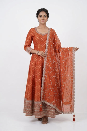 Rust Orange Embroidered Anarkali Gown Set With Net Dupatta