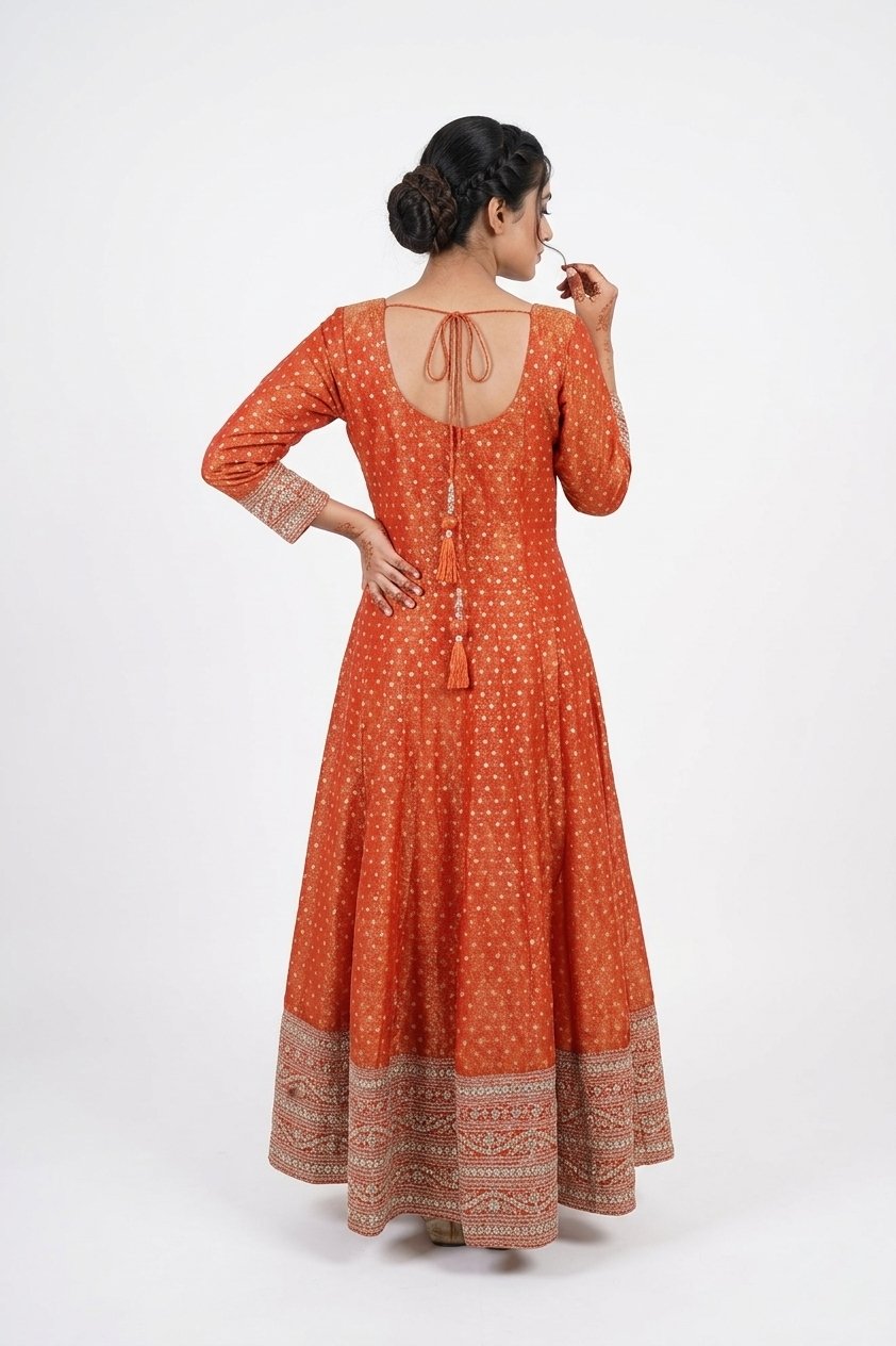 Rust Orange Embroidered Anarkali Gown Set With Net Dupatta